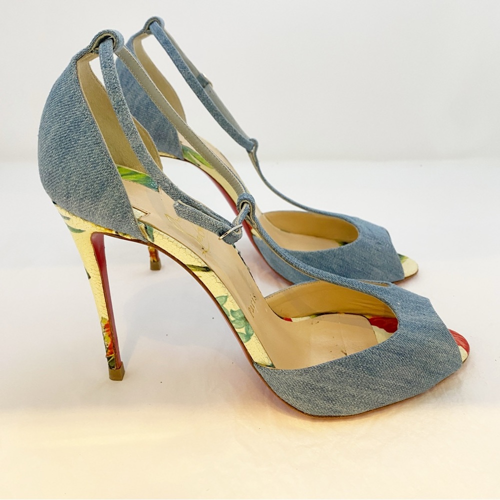 Christian Louboutin Senora 100 T-Strap Sandal Denim EU 39.5 | Red Sole - Picture 5 of 17
